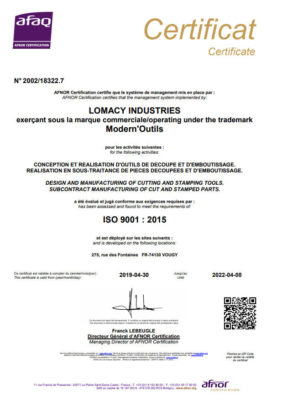 certification iso 9001 2015 fabricant outil de découpe et emboutissage